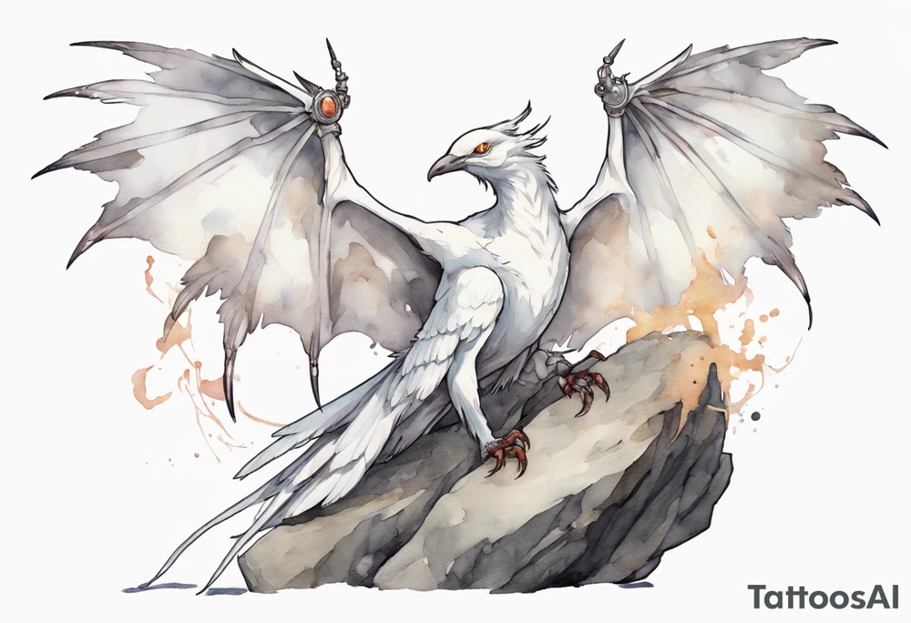 a white bird-wyvern hybrid, wearing an iron halo, perched on a stone tattoo idea