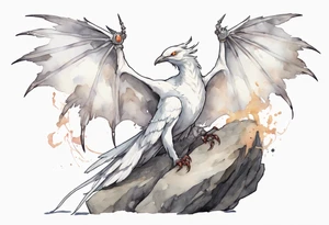 a white bird-wyvern hybrid, wearing an iron halo, perched on a stone tattoo idea