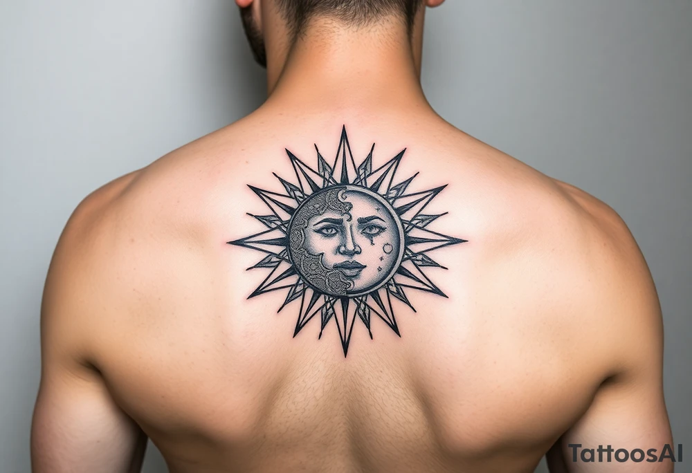 celestial sun and moon embrace with constellation patterns tattoo idea