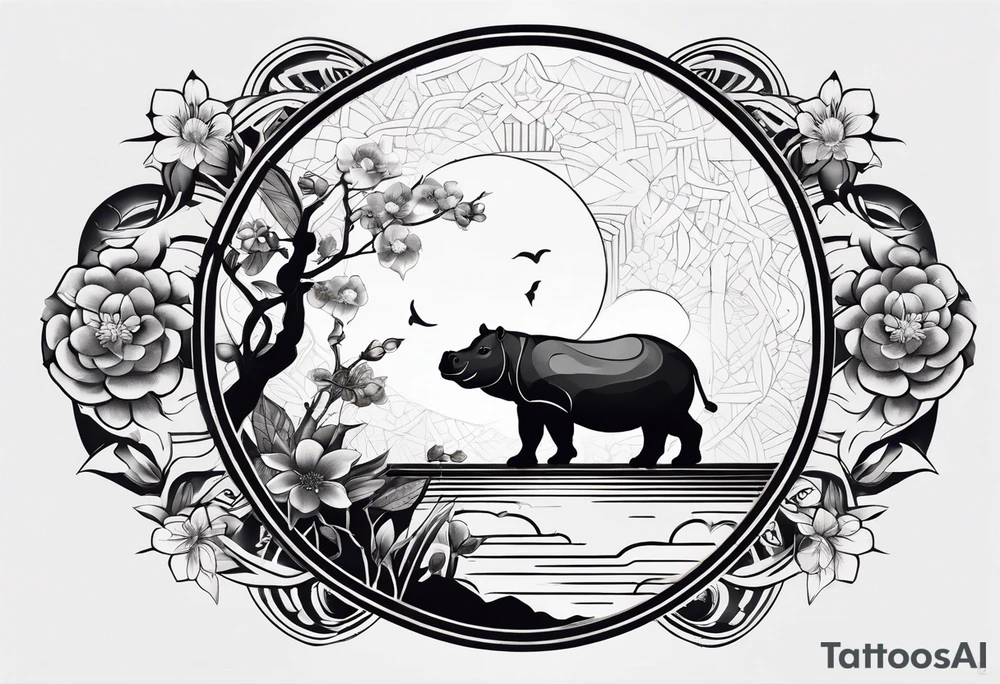 Very asymmetrical, +geometric pattern, with realistic full moon, with seeious looking hippo, +zen feel, + Buddhism touch, +tribal, +geometric
with wintersweet flower bud, +portrait orientation, +inkart touch, tattoo idea