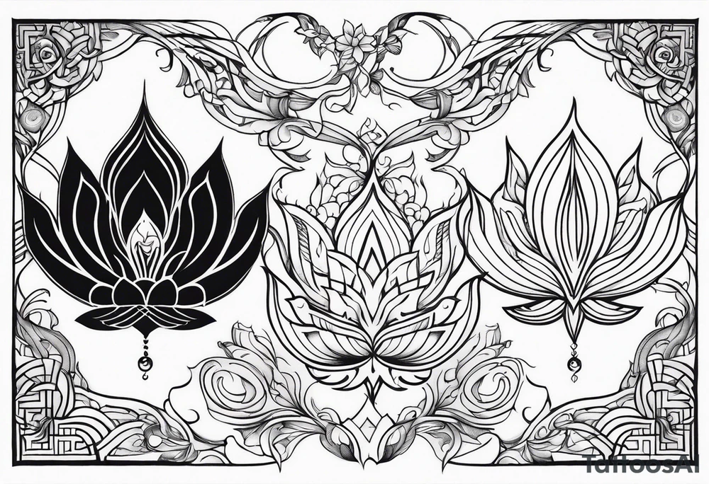 one vertical tattoo that combines lotus flower, phoenix and helix, strength and resilience symbols tattoo idea