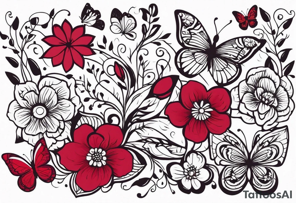 Flowers with Ruby and butterflies around it tattoo idea