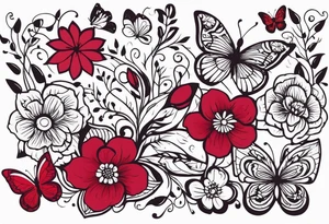Flowers with Ruby and butterflies around it tattoo idea