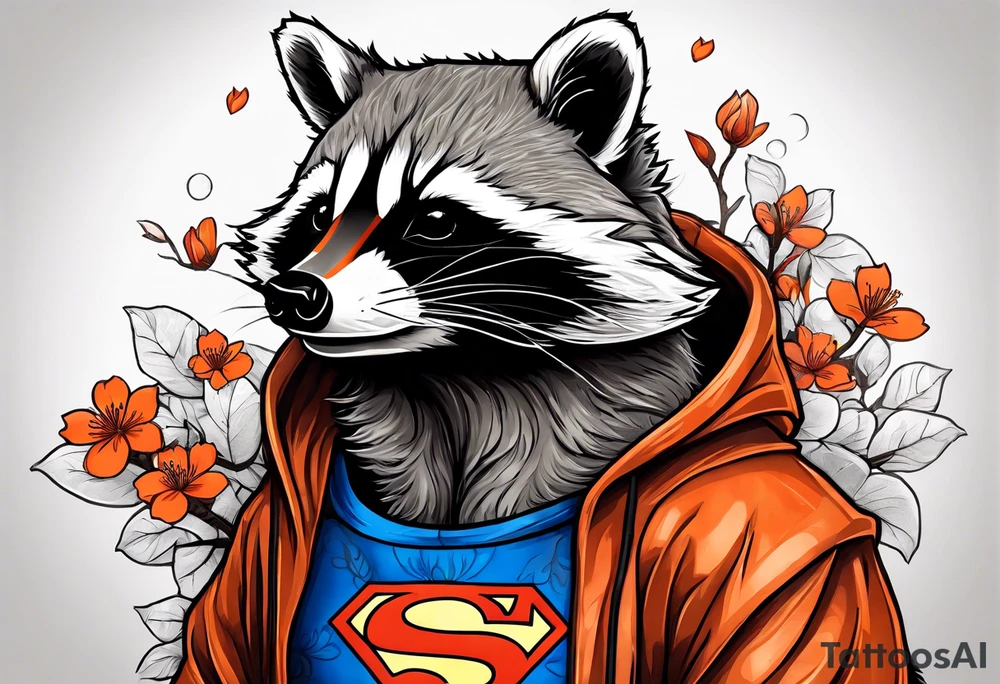 raccoon wearing a Superman hoodie with orange Japanese cherry blossoms tattoo idea