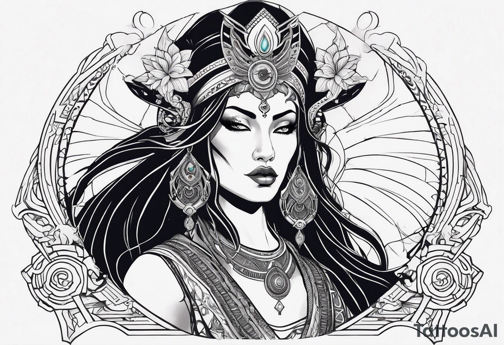kali ma, alien goddess, valkrye, aries, pirate, divine feminine, zenza resonance, pachamama, lotus azul, blank panther, eagle, skull, 5D, nueva gaya, dna 12, left side chest tatoo tattoo idea