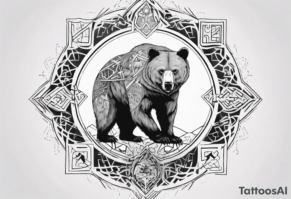 Bear with mandala, White Tree of Gondor, Geometric symbols, Viking cross tattoo idea
