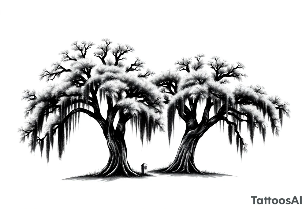 2 Oak trees with Spanish moss in a cemetery tattoo idea