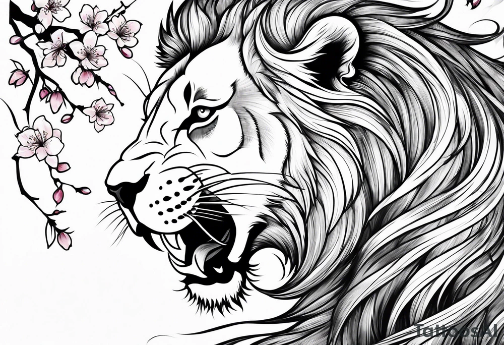 Cherry blossom blowing in the wind with a lion tattoo idea