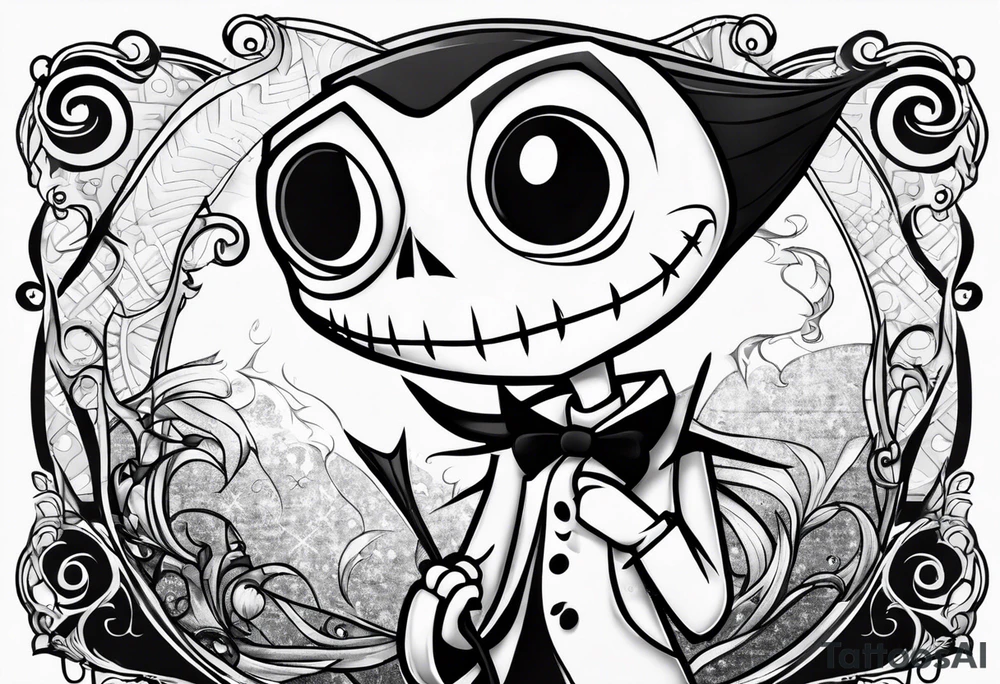 Black and white, character Dr. Finklestein from nightmare before Christmas chibi cartoon tattoo idea