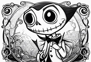 Black and white, character Dr. Finklestein from nightmare before Christmas chibi cartoon tattoo idea