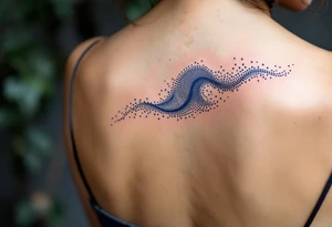 A dotwork-style wave in dark blue ink spans the back of the neck subtly. tattoo idea