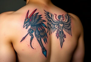 Anubis and a Guardian Angel Back to Back (only red , blue and black are possible colors) tattoo idea