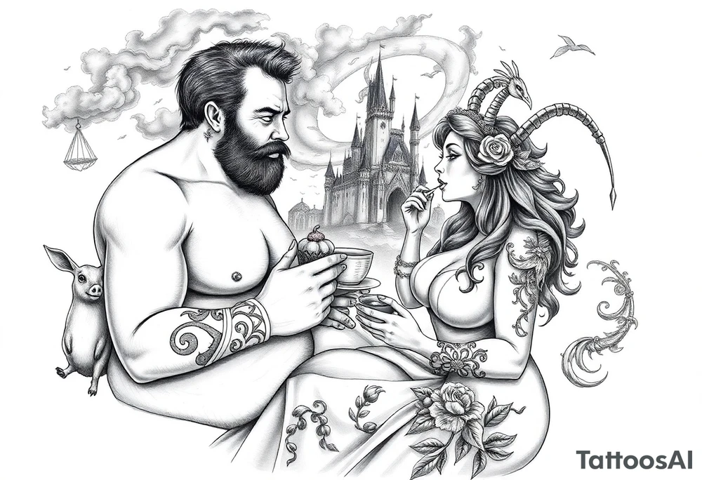 Naked Man and fat woman having sex eating cupcakes and  fruit  having sexy naked fat lady having a tea party with tea pots  swith fancy castle  
with mystical  a pigs, peacock,  lion, goat, noose and smoking cigerettes looking in the mirror thru storm clouds and broken hearts and darkness and wrath, envy , gluttony, greed, sloth, pride . Gothic tattoo idea