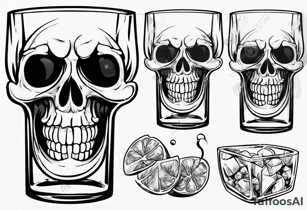 A smiling scull inside the glass with alcohol and piece of lime tattoo idea