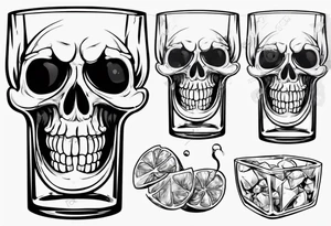 A smiling scull inside the glass with alcohol and piece of lime tattoo idea
