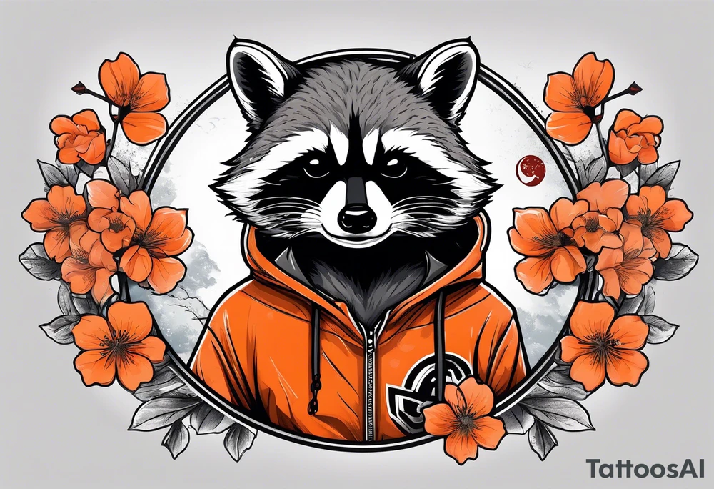 raccoon wearing a Superman hoodie with black and white logo and orange Japanese cherry blossoms tattoo idea
