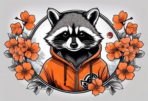 raccoon wearing a Superman hoodie with black and white logo and orange Japanese cherry blossoms tattoo idea