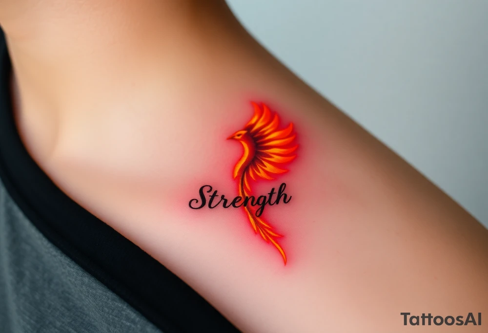 A golden phoenix feather with a fiery red glow, featuring the word "Strength", symbolizing resilience and passion in love tattoo idea