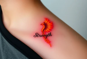 A golden phoenix feather with a fiery red glow, featuring the word "Strength", symbolizing resilience and passion in love tattoo idea