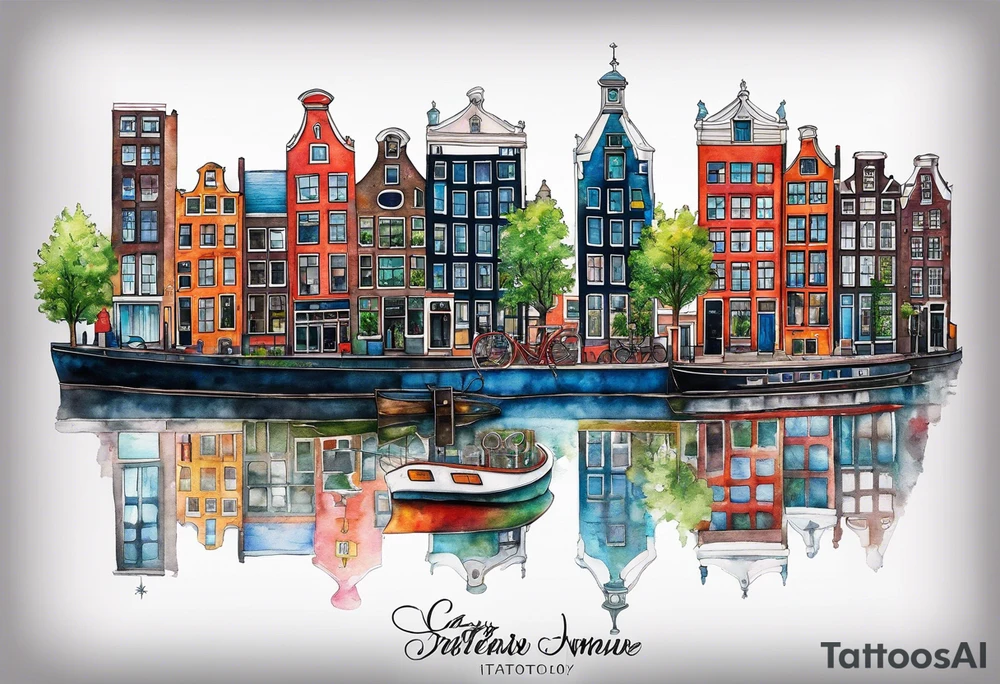 Tattoo of glass animals in Amsterdam buildings and canal featuring glass and colours of galaxy and universe colours tattoo idea