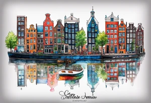 Tattoo of glass animals in Amsterdam buildings and canal featuring glass and colours of galaxy and universe colours tattoo idea