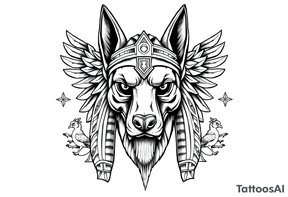 Egyptian Anubis god face muscle in Egypt style  with mantle on head with empty eyes 

dog face surrounded Egyptian symbols based on elements tattoo idea