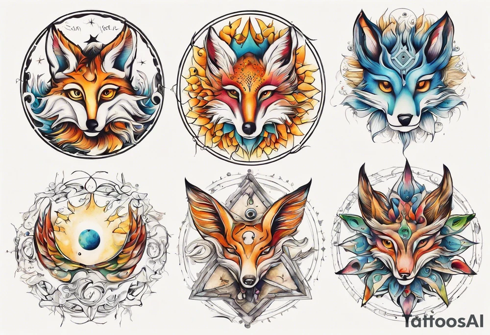 fisch, fuchs und eule , symetrie  sonne, universum, bunt, " sapere aude" tattoo idea