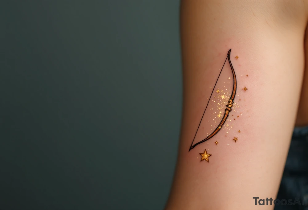 A shooting star with a long, flowing trail of golden sparkles, shooting past an archer's bow. The bow itself is earthy brown with a touch of copper highlights, while the star’s trail is dotted with bright yellow and white sparks, symbolizing Sagittarius' pursuit of dreams and ambitions. tattoo idea