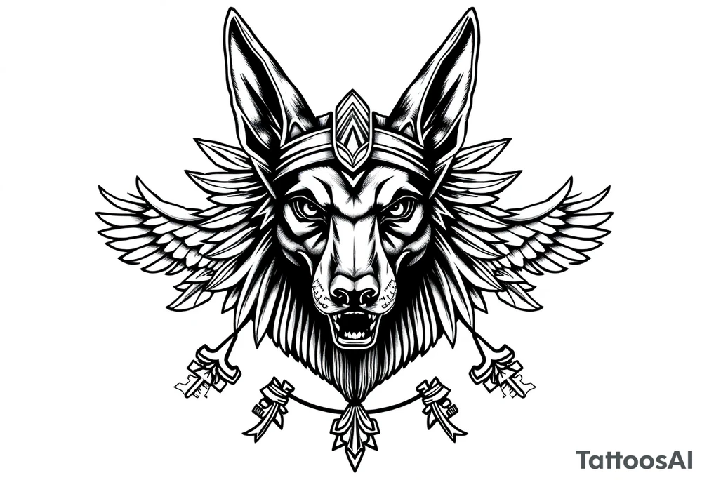 Egyptian Anubis god face muscle in Egypt style  with mantle on head

dog face surrounded Egyptian symbols based on elements tattoo idea