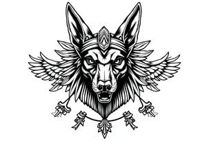 Egyptian Anubis god face muscle in Egypt style  with mantle on head

dog face surrounded Egyptian symbols based on elements tattoo idea