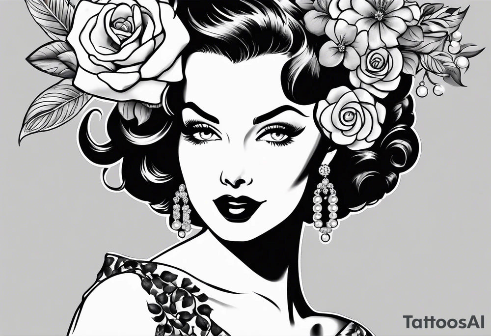 1950s pinup pumps with flowers, pearl necklaces, bows, and lace tattoo idea