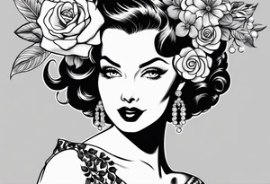 1950s pinup pumps with flowers, pearl necklaces, bows, and lace tattoo idea