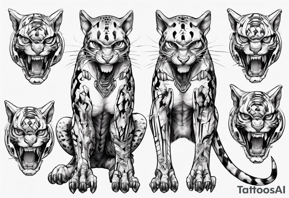cybernetic ocelot full body teeth showing tattoo idea