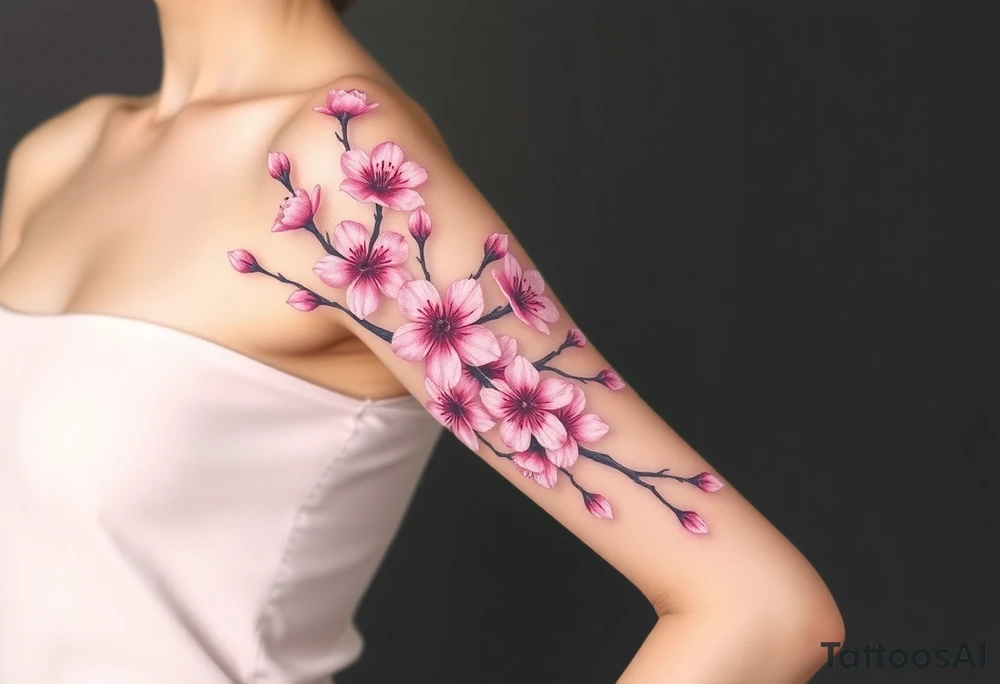 delicate cherry blossoms swirling in spring breeze with petals tattoo idea
