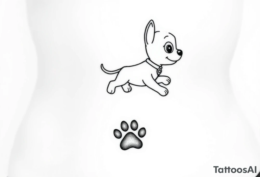 Walking away Paw Patrol member leaving a realistic textured paw print behind him. tattoo idea