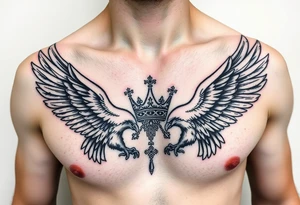 Chest tattoo,powerful two symetricalmajestic eagles, surrounded by lure ornaments , between eagles a crown tattoo idea