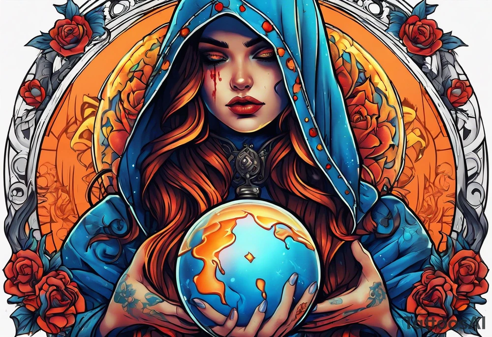Bright bold Neo traditional tattoo scarred hooded woman with skulls and blood Holding a blue glowing sphere.  Orange, yellow, red, blue colors tattoo idea