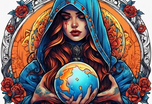 Bright bold Neo traditional tattoo scarred hooded woman with skulls and blood Holding a blue glowing sphere.  Orange, yellow, red, blue colors tattoo idea