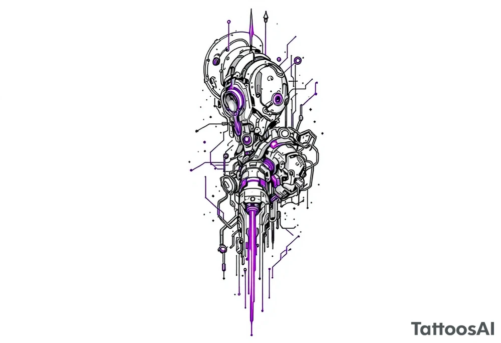 A biomechanical structure starting at the palm in brushed aluminum, surrounded by glowing violet circuitry and torn muscle detail. tattoo idea