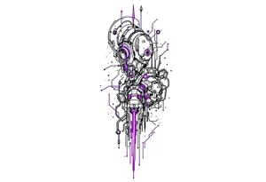 A biomechanical structure starting at the palm in brushed aluminum, surrounded by glowing violet circuitry and torn muscle detail. tattoo idea
