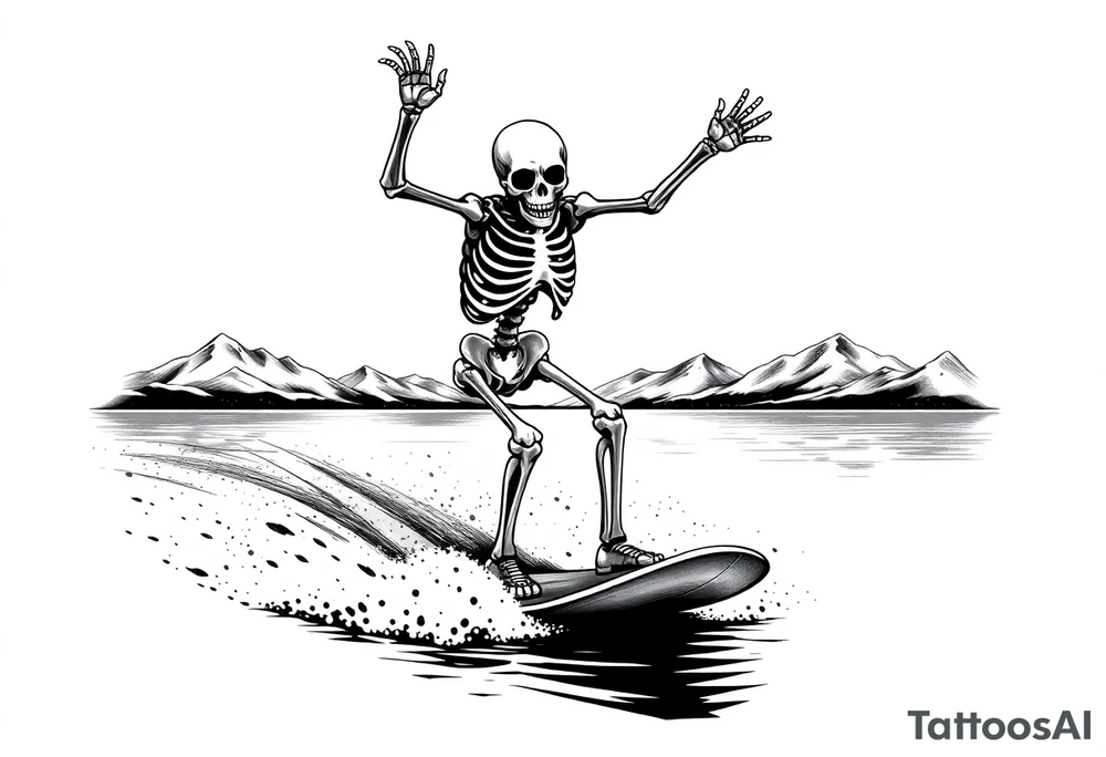 skeleton wakeboarding on lake, holding onto wakeboard handle with one hand, other hand in the air, 
mountains in the background tattoo idea