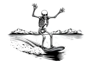 skeleton wakeboarding on lake, holding onto wakeboard handle with one hand, other hand in the air, 
mountains in the background tattoo idea