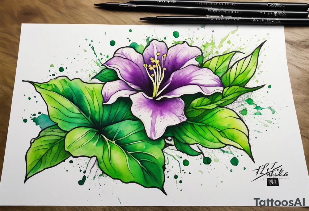 An outline of an only green rio dipladenia flower and a green/purple watercolor splash in the background tattoo idea