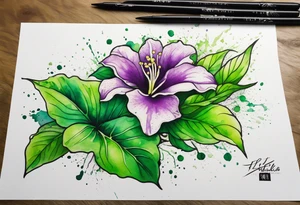 An outline of an only green rio dipladenia flower and a green/purple watercolor splash in the background tattoo idea