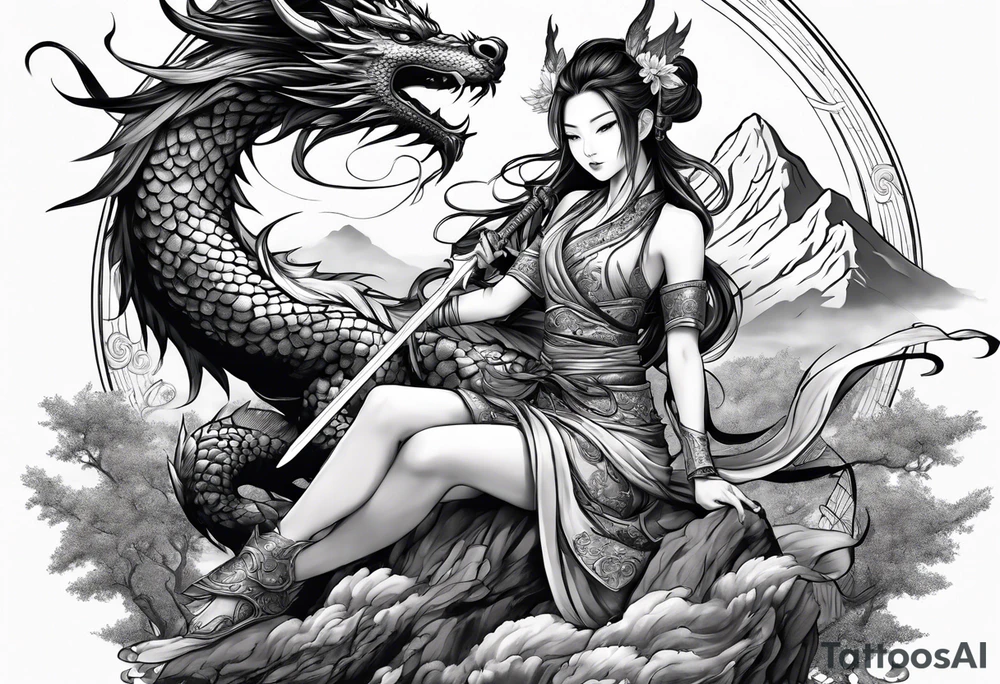 warrior fairy nymph full body with sword and a full dragon with a mountain with cloud and Japanese building background tattoo idea