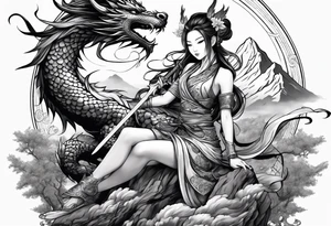 warrior fairy nymph full body with sword and a full dragon with a mountain with cloud and Japanese building background tattoo idea
