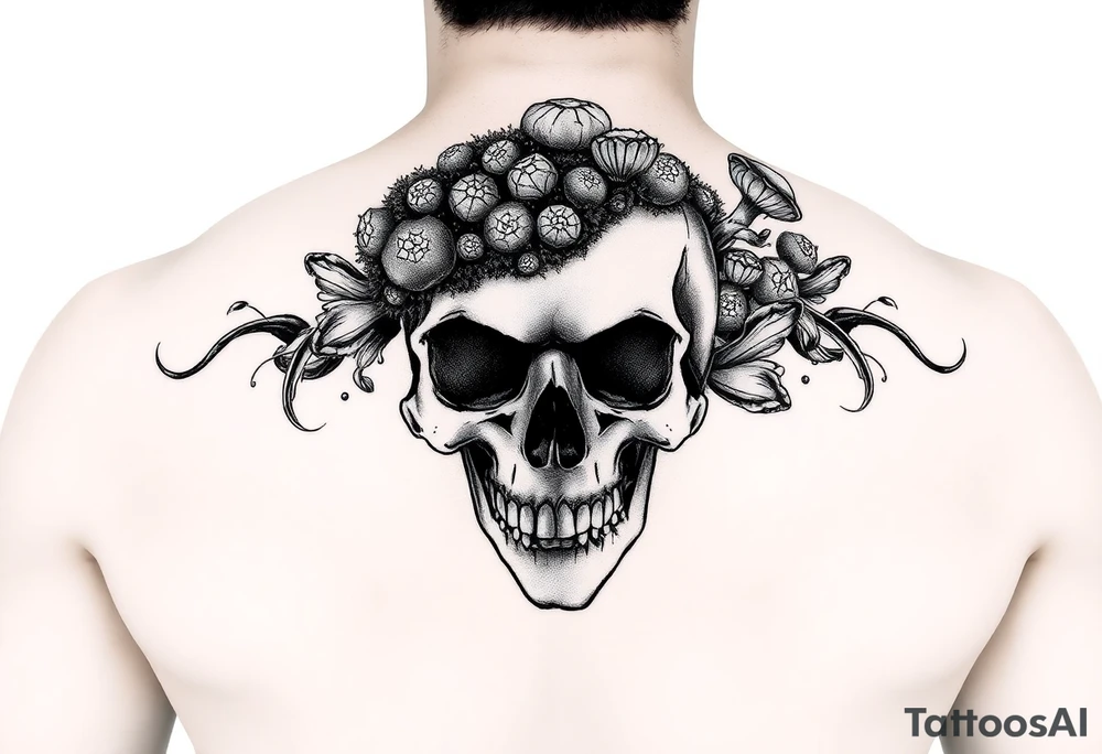 Skull with moss and mushrooms on it tattoo idea