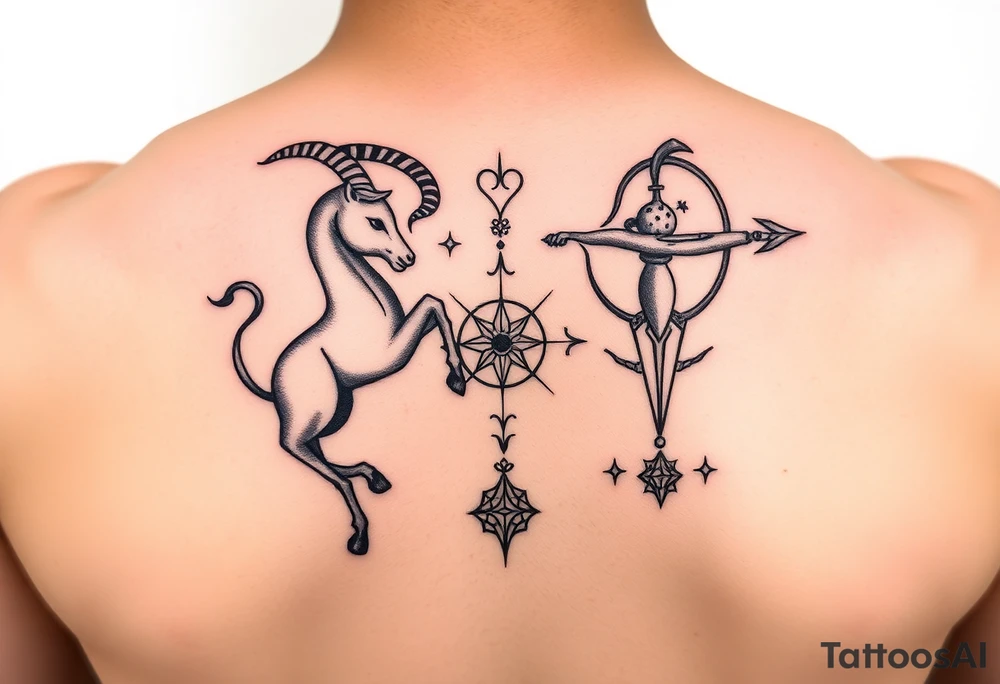 combine the symbols for capricorn and sagittarius with some celestial items interspersed small and combine them together and use the zodiac symbol. this should be one small tattoo with both symbols tattoo idea