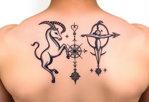 combine the symbols for capricorn and sagittarius with some celestial items interspersed small and combine them together and use the zodiac symbol. this should be one small tattoo with both symbols tattoo idea