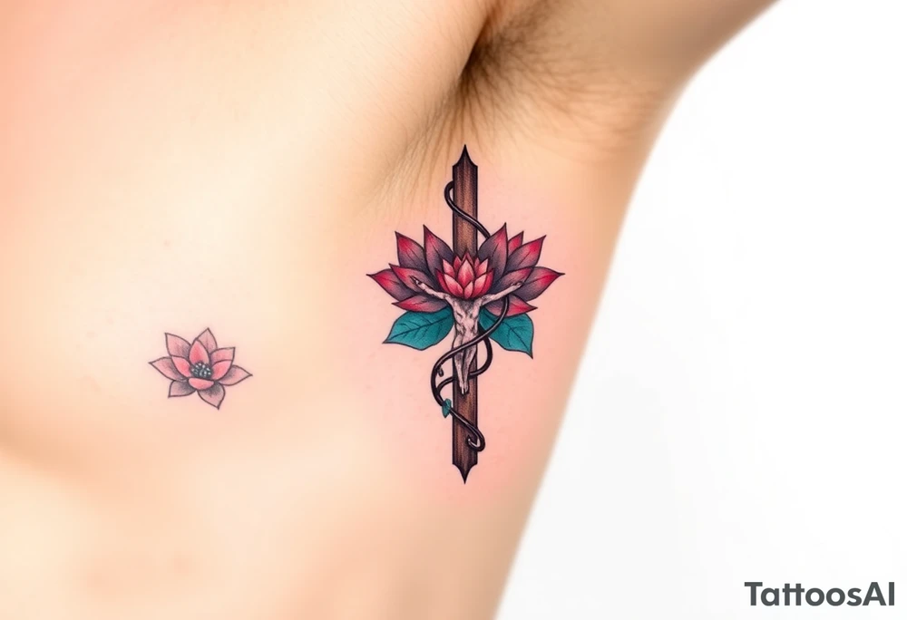 A Crucifix Wrapped in Lotus Vines (only red , blue and black are possible colors) tattoo idea